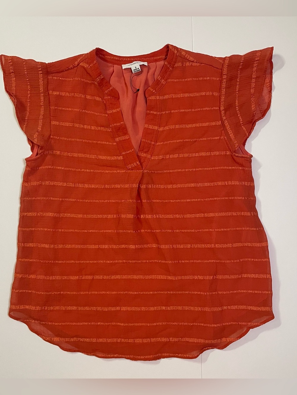 NWOT Calvin Klein Orange Striped V Neck Blouse with Cap Sleeves size S